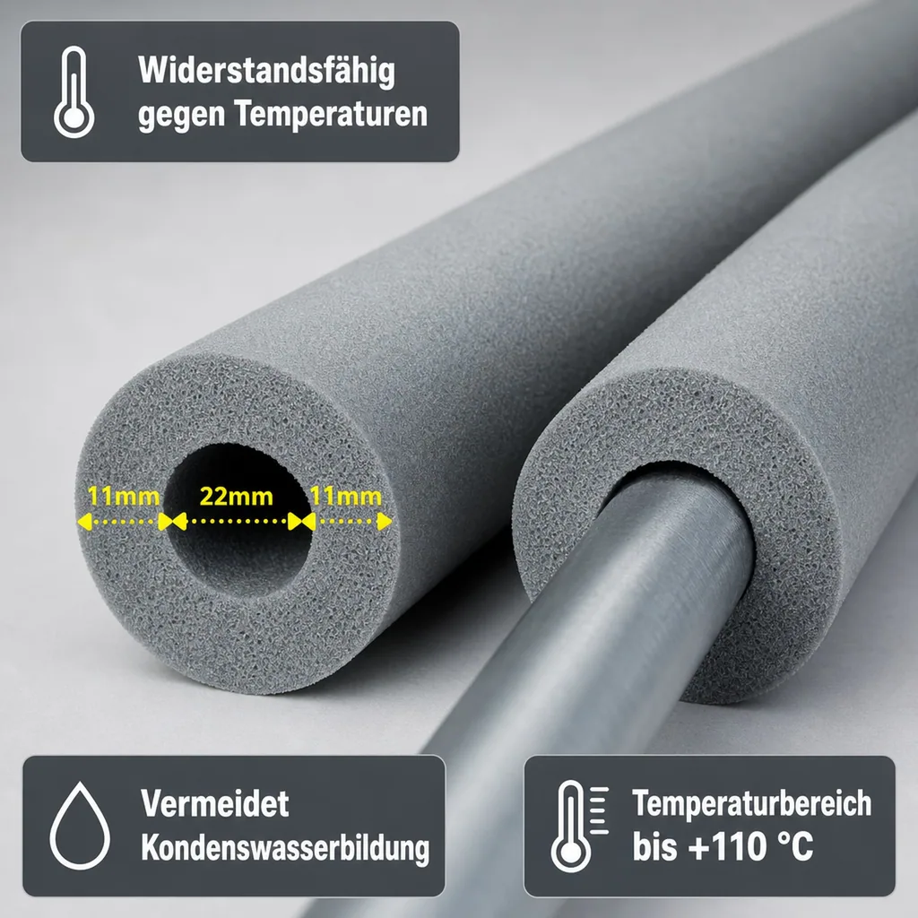 Rohrisolierung 22mm, Kautschuk, 2m, Heizungsrohr Isolierung, 10mm, Schwarz