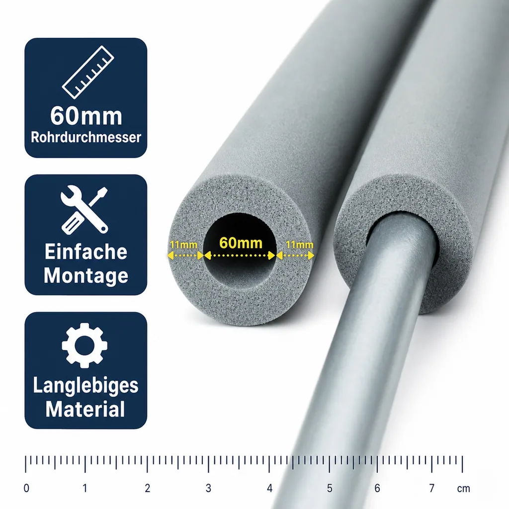 Rohrisolierung 60mm, Kautschuk, 2m, Heizungsrohrisolierung, Dämmung
