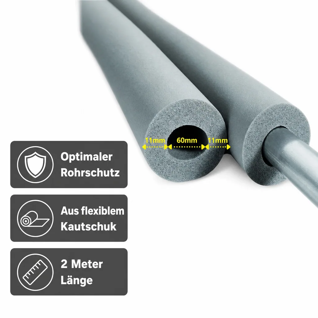 Rohrisolierung 60mm, Kautschuk, 2m, Heizungsrohrisolierung, Dämmung