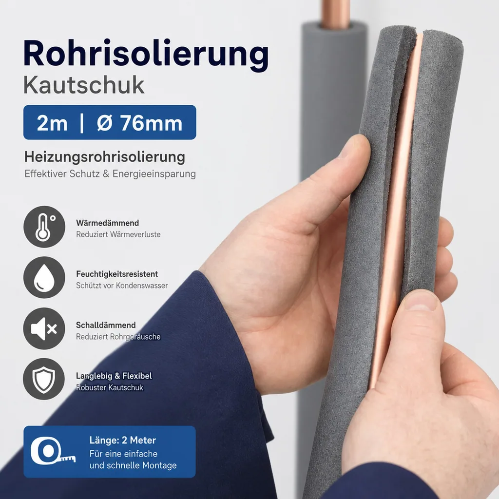 Rohrisolierung, Kautschuk, 2m, Ø 76mm, Heizungsrohrisolierung