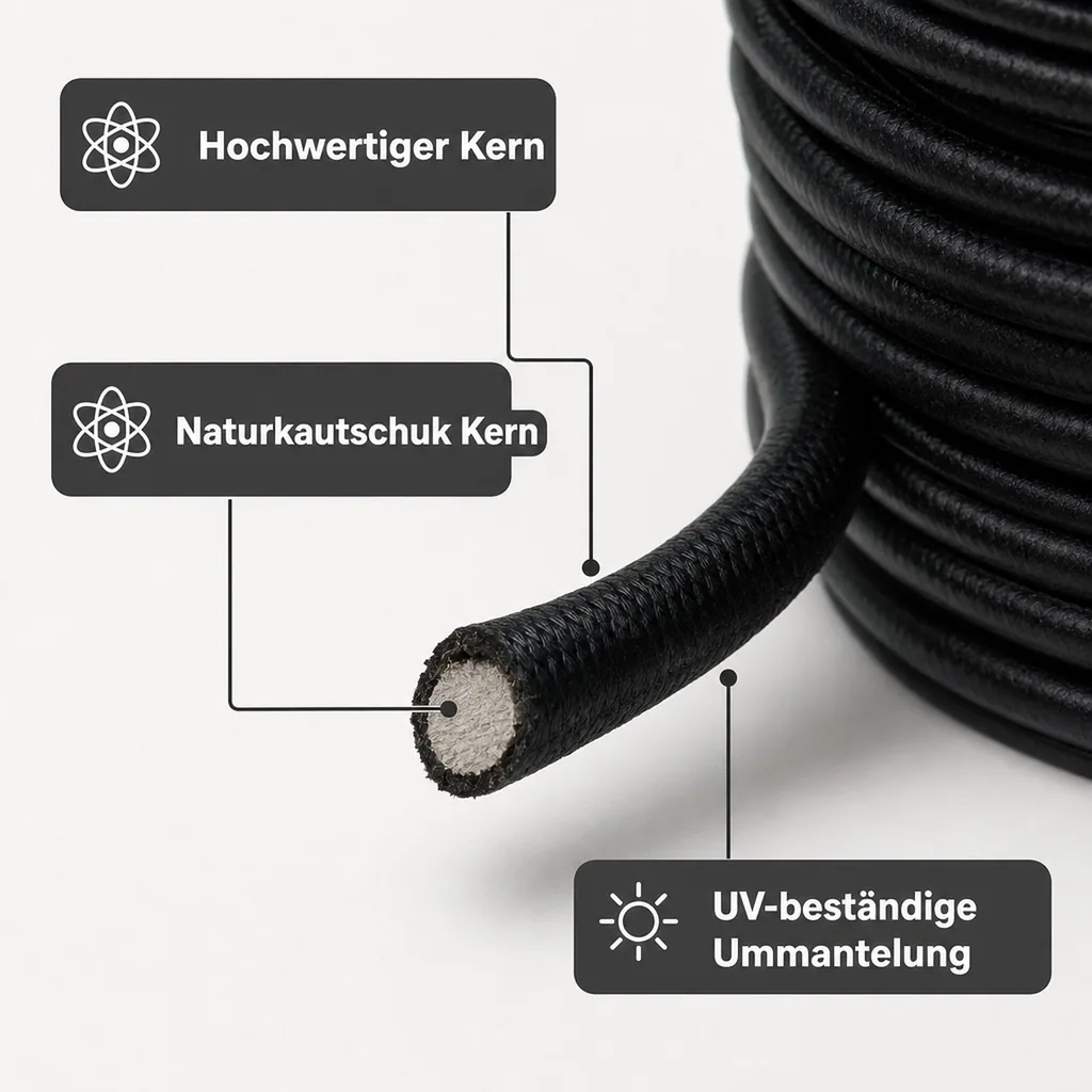Expanderseil 10 mm, schwarz, 1 Meter, Gummiseil, UV beständig, Planenbefestigung