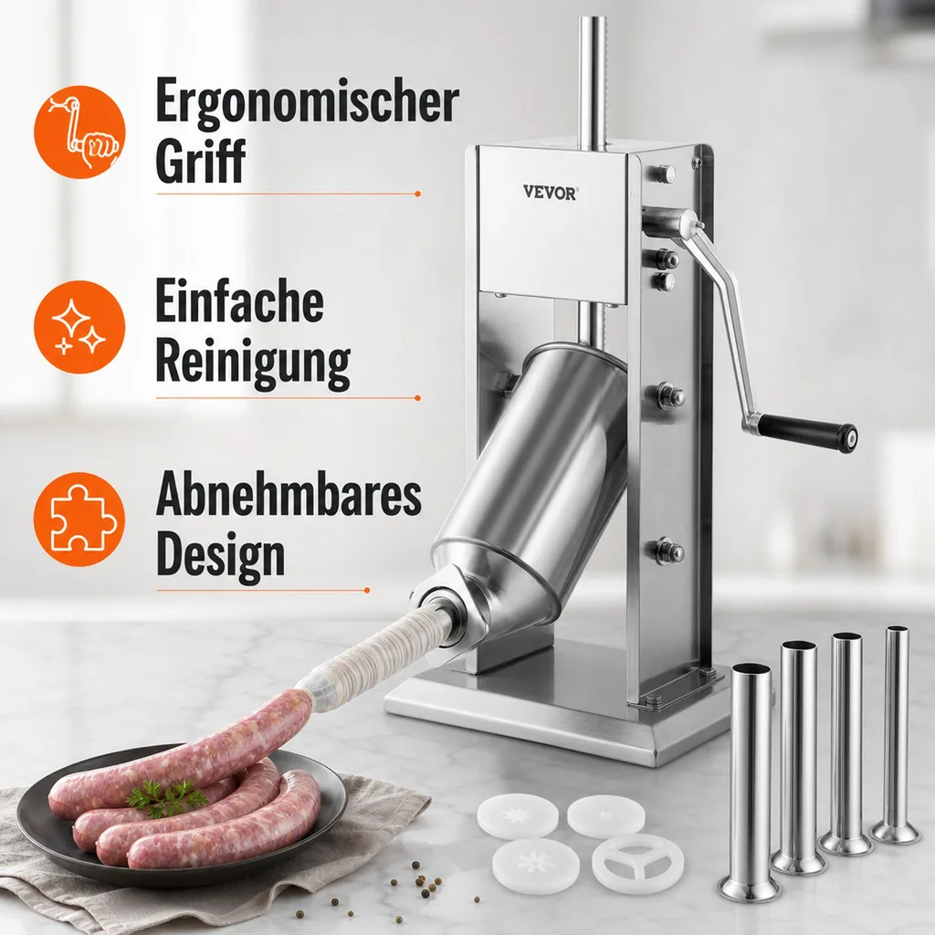Wurstfüller, Wurstfüllmaschine, Wurstpresse - 3 L, Edelstahl + Aluminium, Manueller