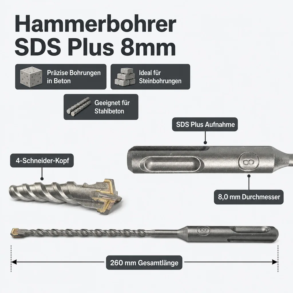 Hammerbohrer SDS Plus 8mm, 4 Schneider, Betonbohrer, Steinbohrer, 260mm
