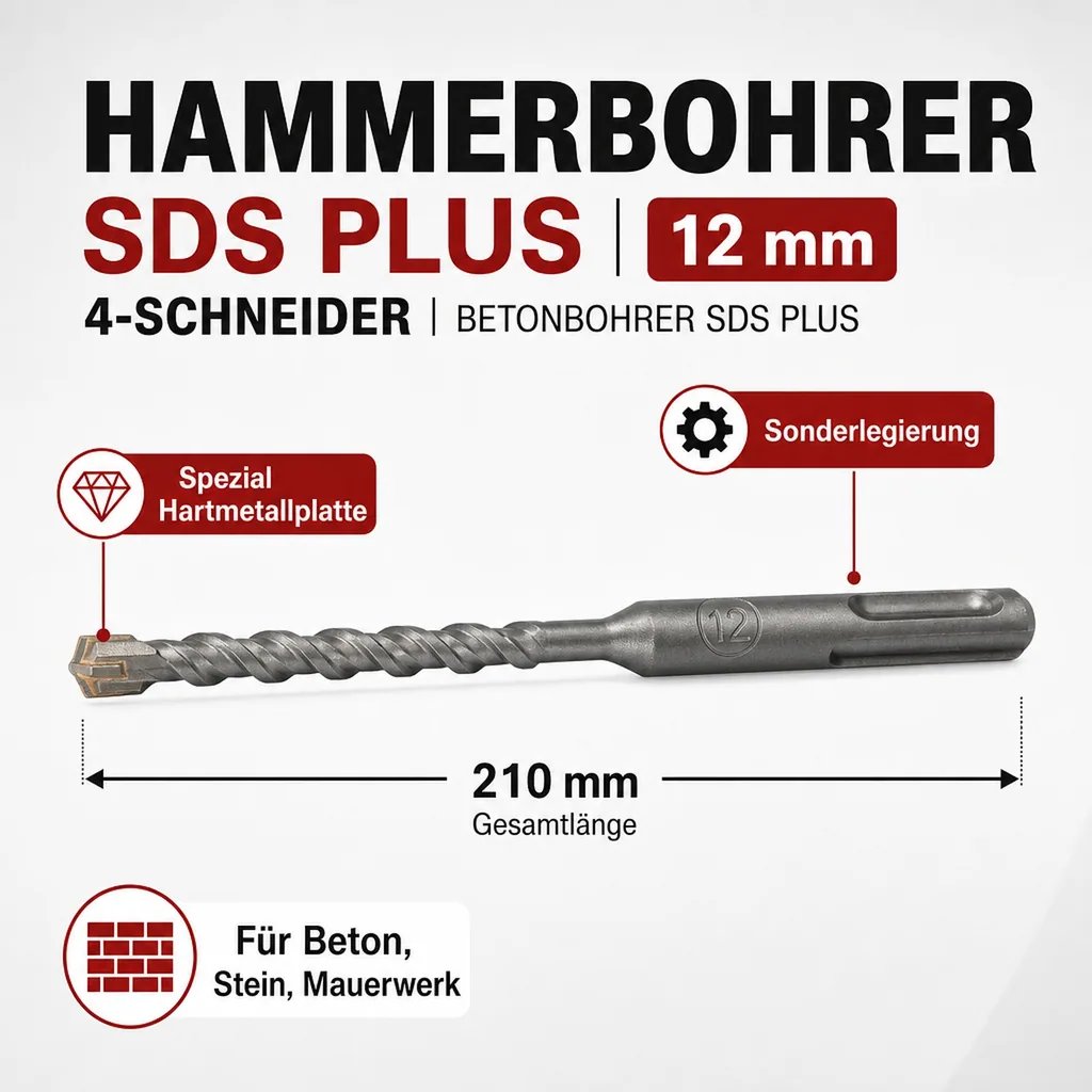 Hammerbohrer SDS Plus, 12mm, 4-Schneider, Betonbohrer SDS Plus