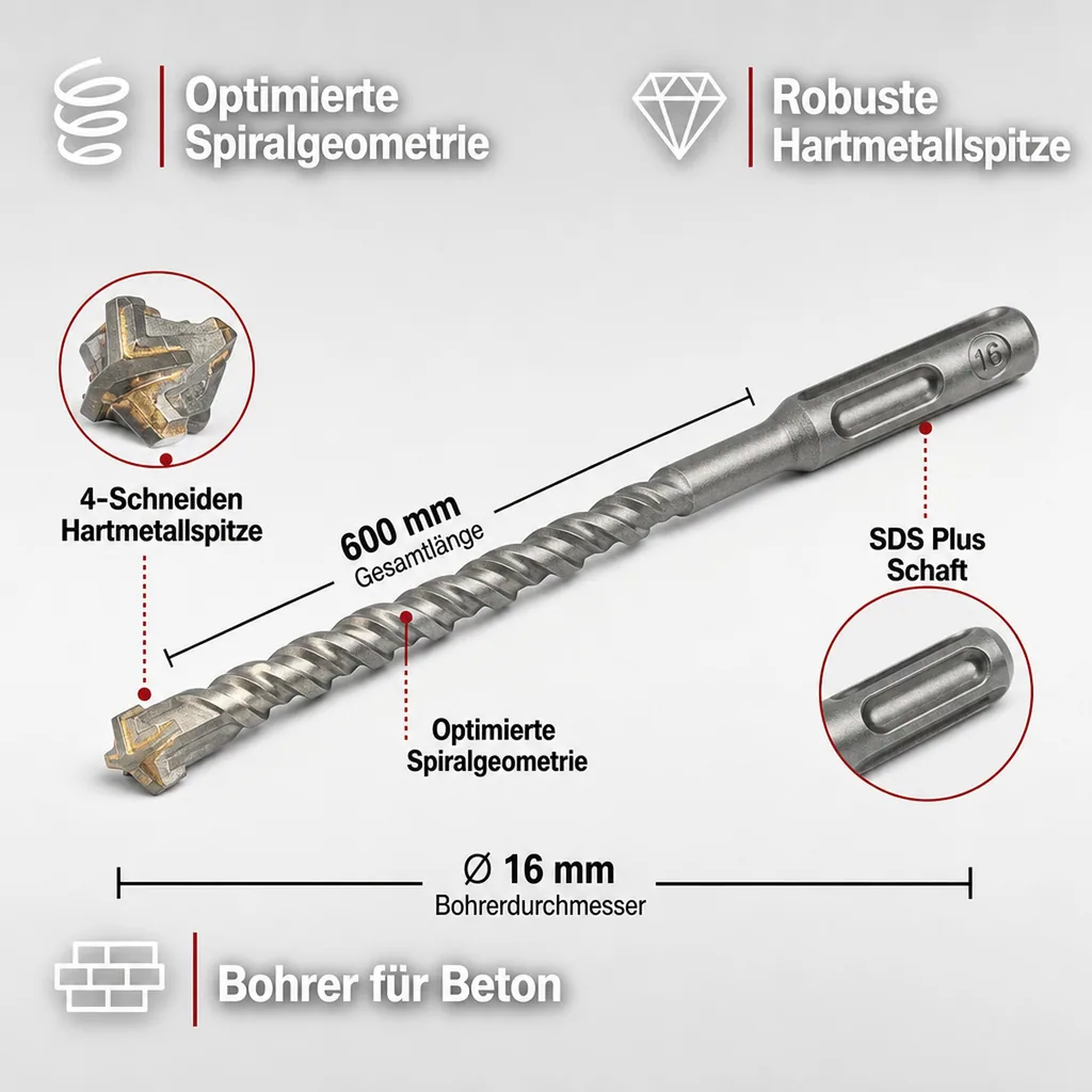 Hammerbohrer SDS Plus, 16mm, 600mm, 4-Schneider Betonbohrer