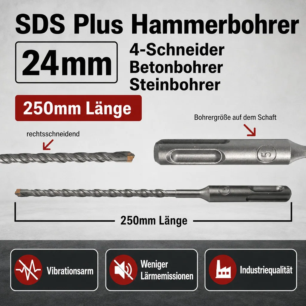 Hammerbohrer SDS Plus 24mm, 4-Schneider, Betonbohrer, Steinbohrer, 250mm Länge