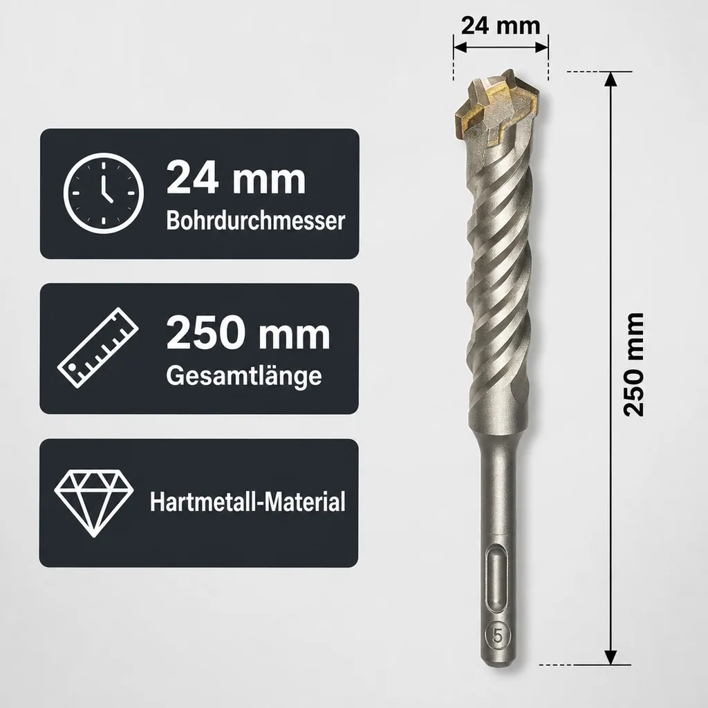 Hammerbohrer SDS Plus 24mm, 4-Schneider, Betonbohrer, Steinbohrer, 250mm Länge