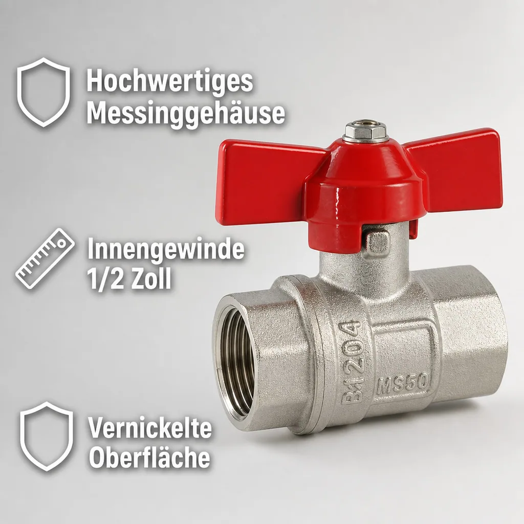 Kugelhahn 1/2 Zoll, Flügelgriff, Messing, Innengewinde