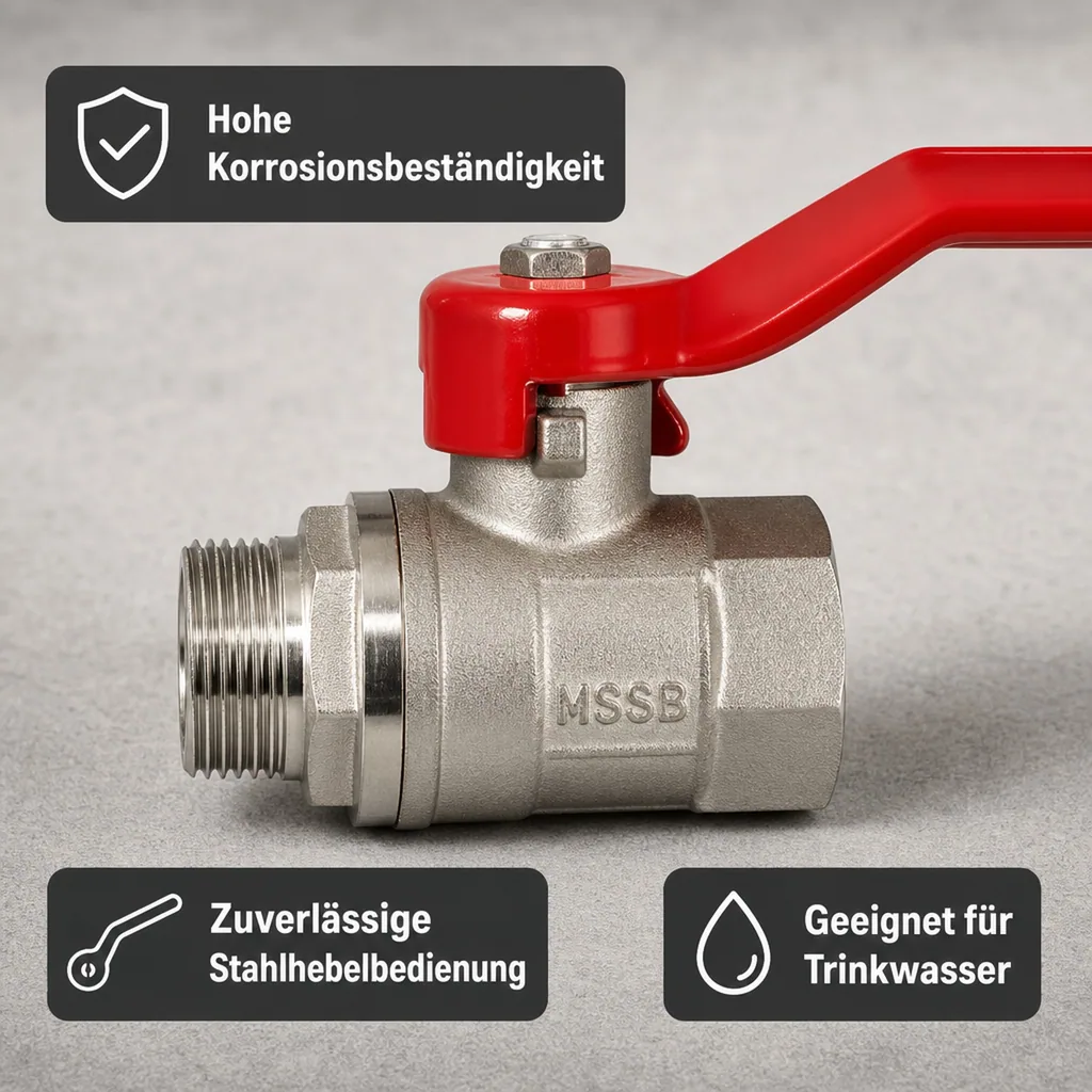 Kugelhahn 1 1/4 Zoll, Hebel, Messing, Sanitär, PN25