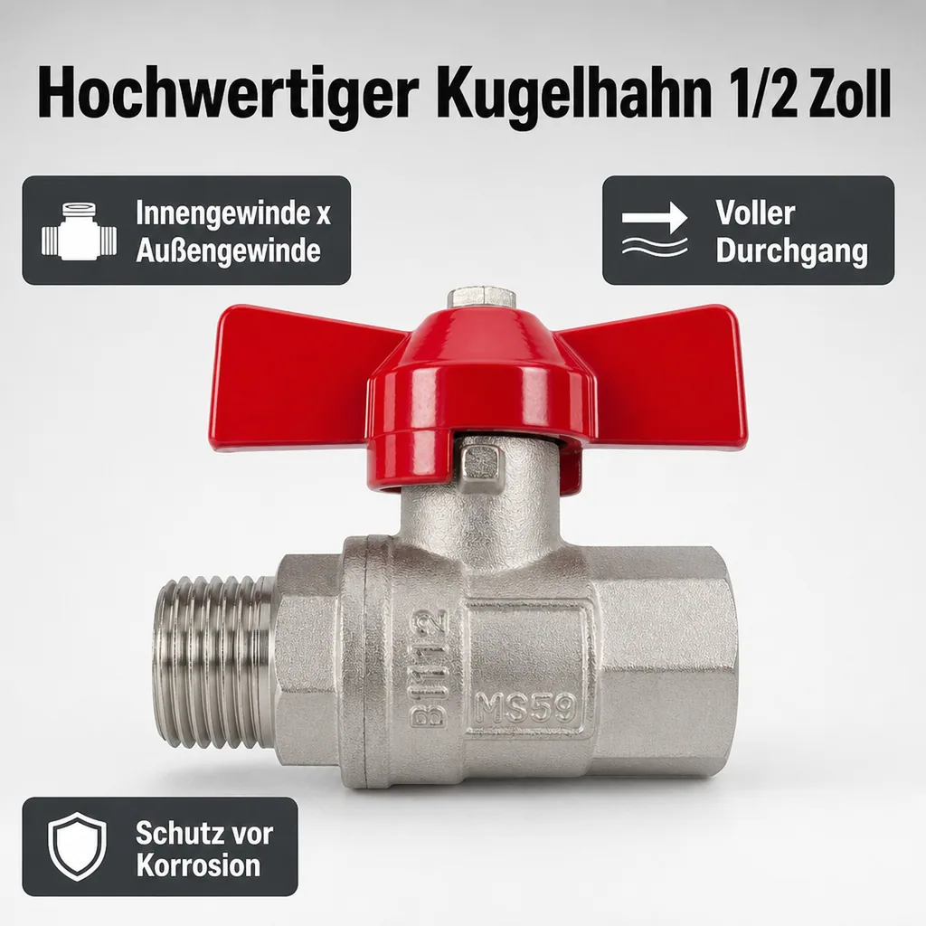 Kugelhahn 1/2 Zoll, Flügelgriff, Messing vernickelt, IG x AG