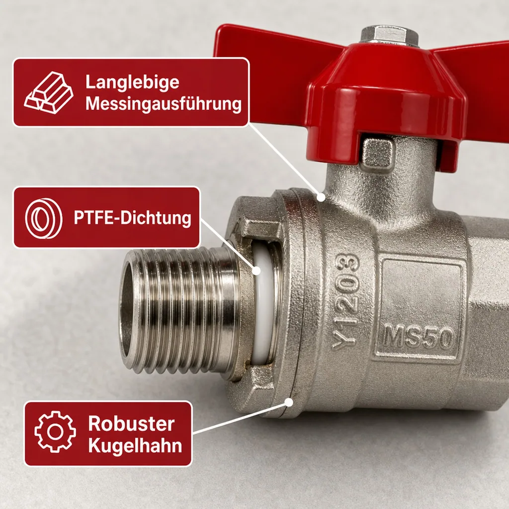 Kugelhahn 1/2 Zoll, Flügelgriff, Messing, Aussengewinde