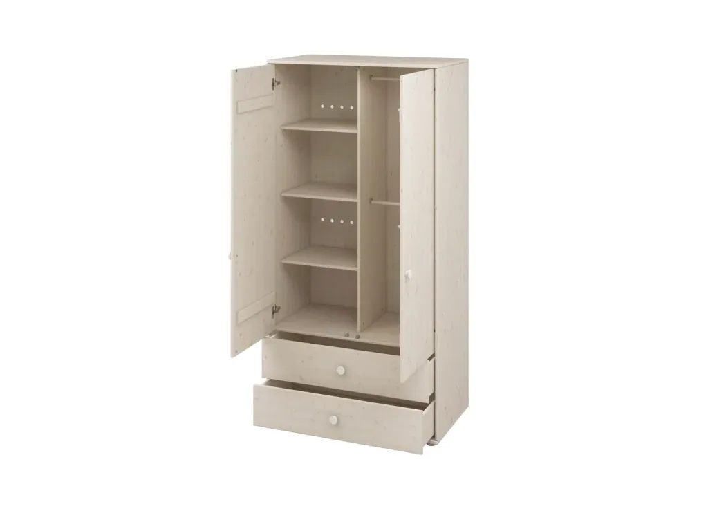 Flexa Kleiderschrank - Classic, mit 2 Türen und 2 Schubladen, 101,3x202,5 cm, Farbe: Weiß gekalkt / Weiß gekalkt / Weiß