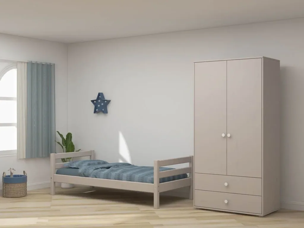 Flexa Kleiderschrank - Classic, mit 2 Türen und 2 Schubladen, 101,3x202,5 cm, Farbe: Grau gekalkt / Grau gekalkt / Weiß