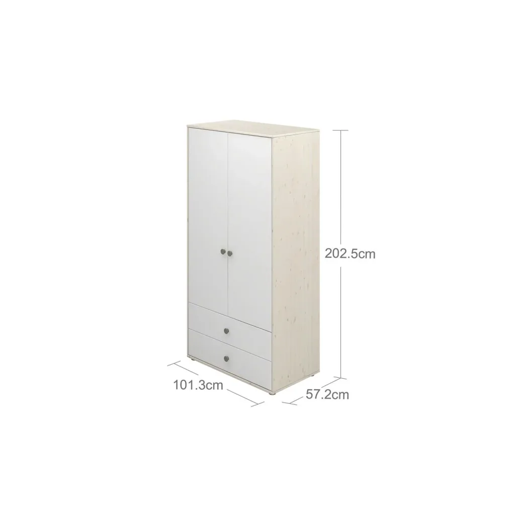 Flexa Kleiderschrank - Classic, mit 2 Türen und 2 Schubladen, 101,3x202,5 cm, Farbe: Weiß gekalkt / Weiß / Naturgrün