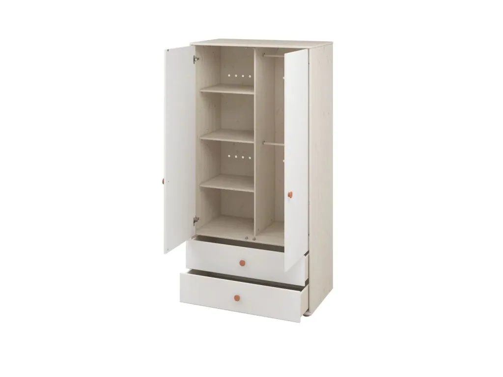 Flexa Kleiderschrank - Classic, mit 2 Türen und 2 Schubladen, 101,3x202,5 cm, Farbe: Weiß gekalkt / Weiß / Rouge