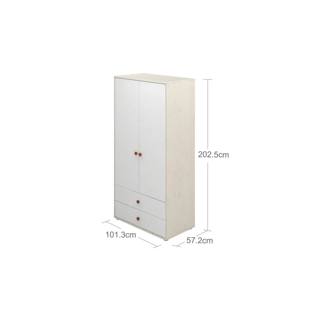 Flexa Kleiderschrank - Classic, mit 2 Türen und 2 Schubladen, 101,3x202,5 cm, Farbe: Weiß gekalkt / Weiß / Rouge