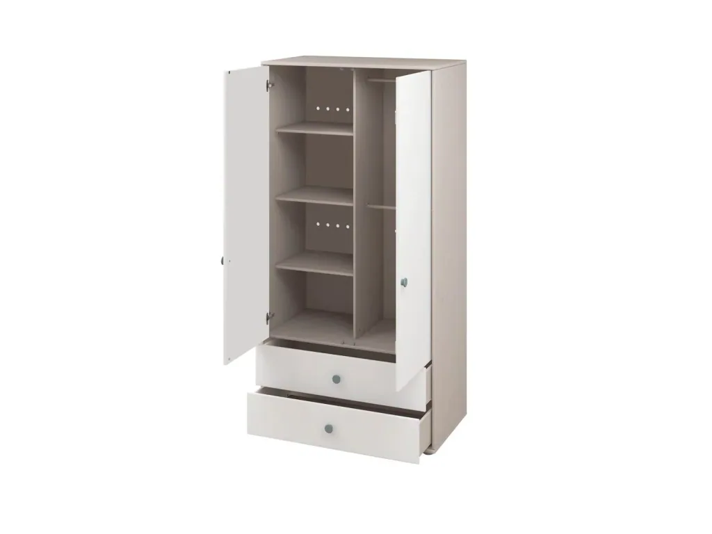 Flexa Kleiderschrank - Classic, mit 2 Türen und 2 Schubladen, 101,3x202,5 cm, Farbe: Grau gekalkt / Weiß / Türkis