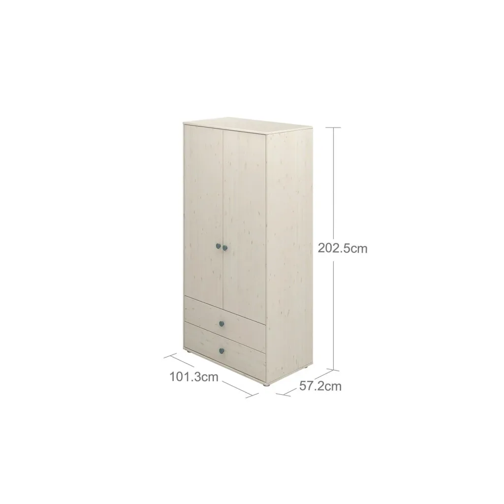 Flexa Kleiderschrank - Classic, mit 2 Türen und 2 Schubladen, 101,3x202,5 cm, Farbe: Weiß gekalkt / Weiß gekalkt / Türkis
