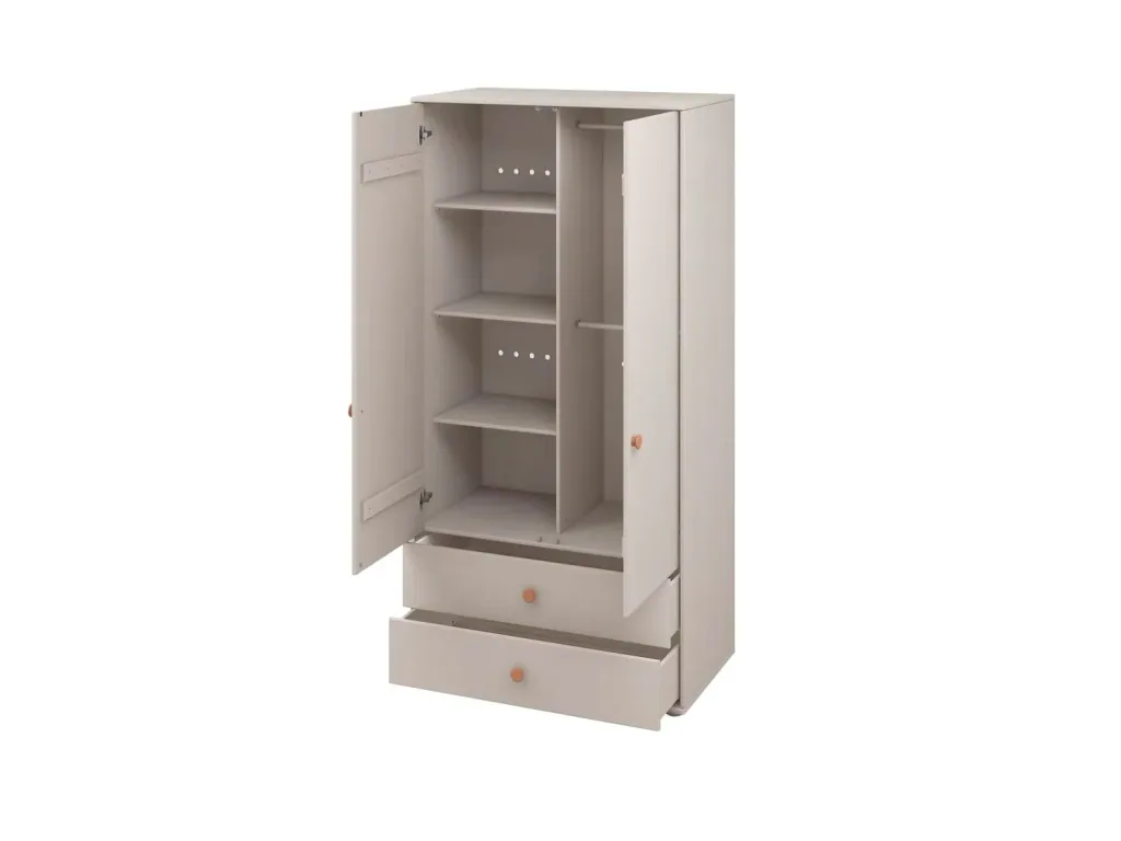 Flexa Kleiderschrank - Classic, mit 2 Türen und 2 Schubladen, 101,3x202,5 cm, Farbe: Grau gekalkt / Grau gekalkt / Rouge