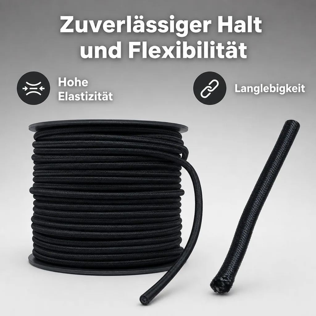 Expanderseil 8 mm, Schwarz, 20 Meter, UV-beständig, Abdeckplanen Befestigung