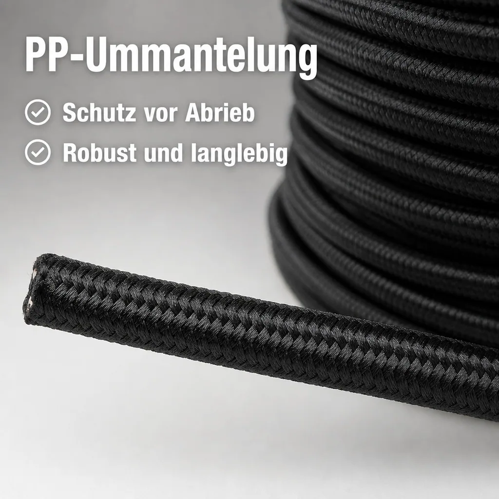 Expanderseil 8 mm, Schwarz, 20 Meter, UV-beständig, Abdeckplanen Befestigung