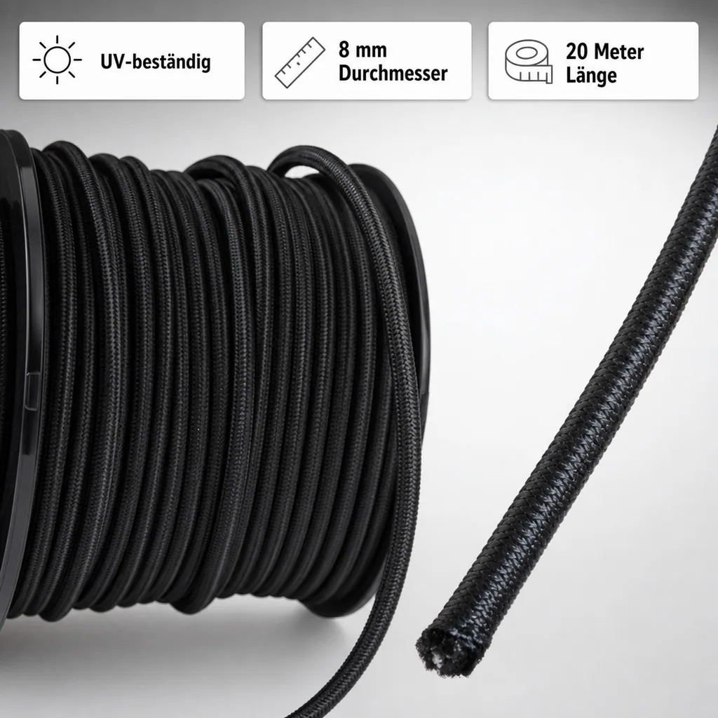 Expanderseil 8 mm, Schwarz, 20 Meter, UV-beständig, Abdeckplanen Befestigung