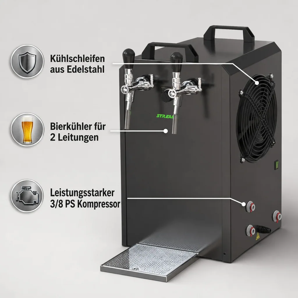 Zapfanlage, Bierzapfanlage STREAM 80K mit Luftpumpe Bierkoffer, Durchlaufkühler 2-leitig Trockenkühler