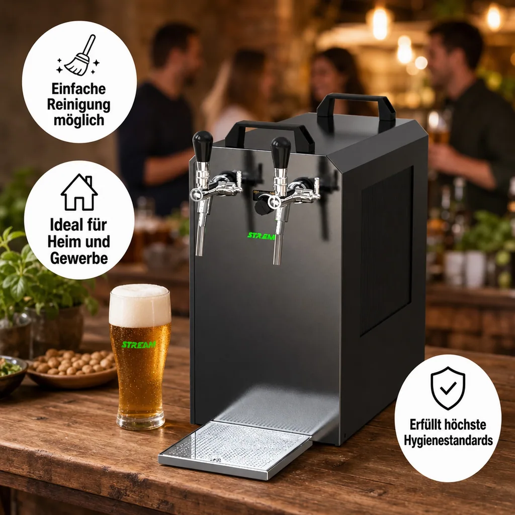 Zapfanlage, Bierzapfanlage STREAM 80K mit Luftpumpe Bierkoffer, Durchlaufkühler 2-leitig Trockenkühler