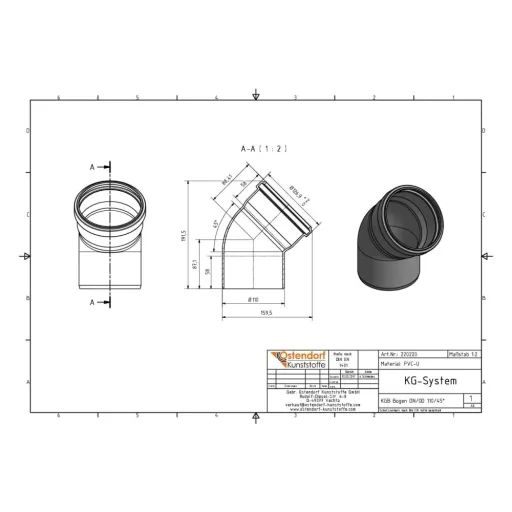 KG Bogen DN 110 45 Grad, Abwasserrohrbogen aus PVC