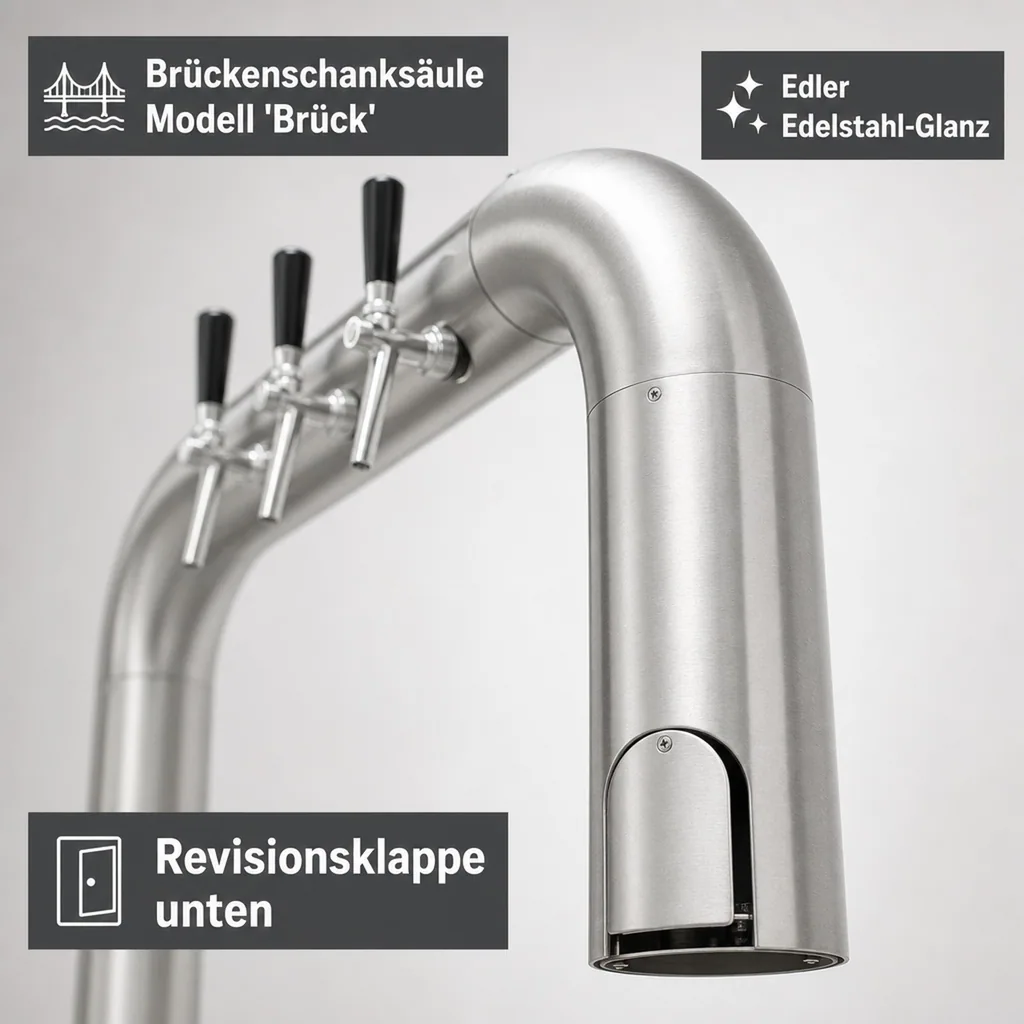 Schanksäule, Bierzapfsäule, Brückenschanksäule - Brück matt-geschliffen, Hahn: 4-leitig