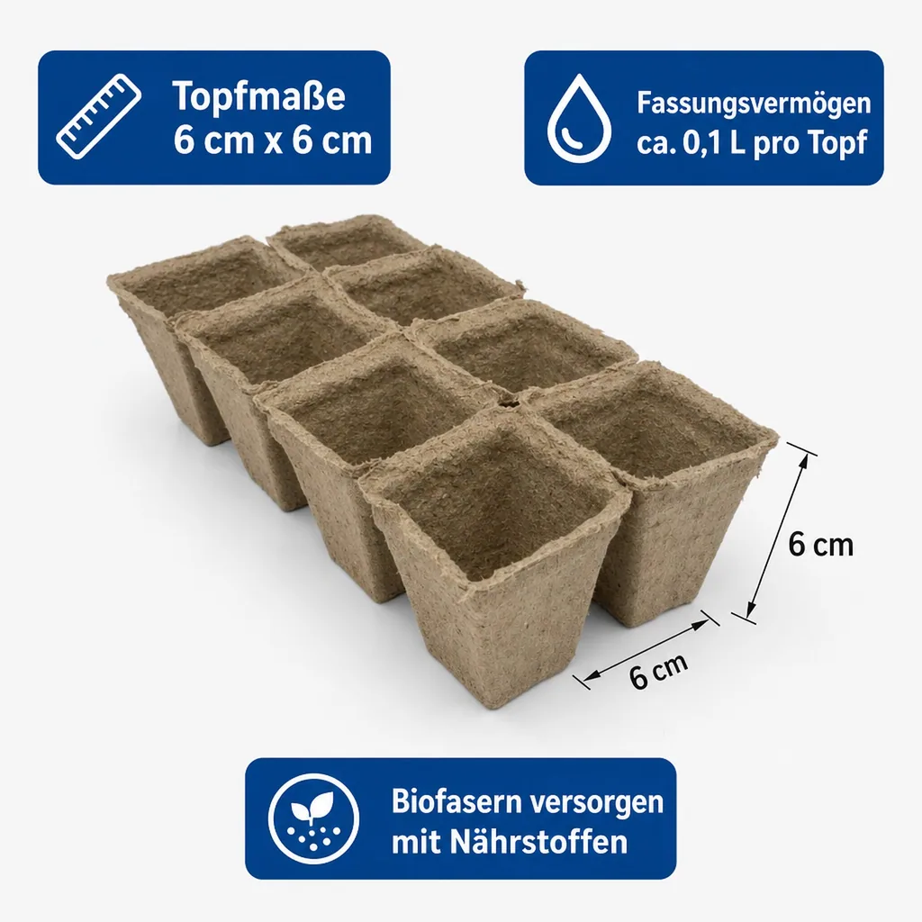 Anzuchtplatten, kompostierbare Anzuchttöpfe, 8 eckige Töpfe