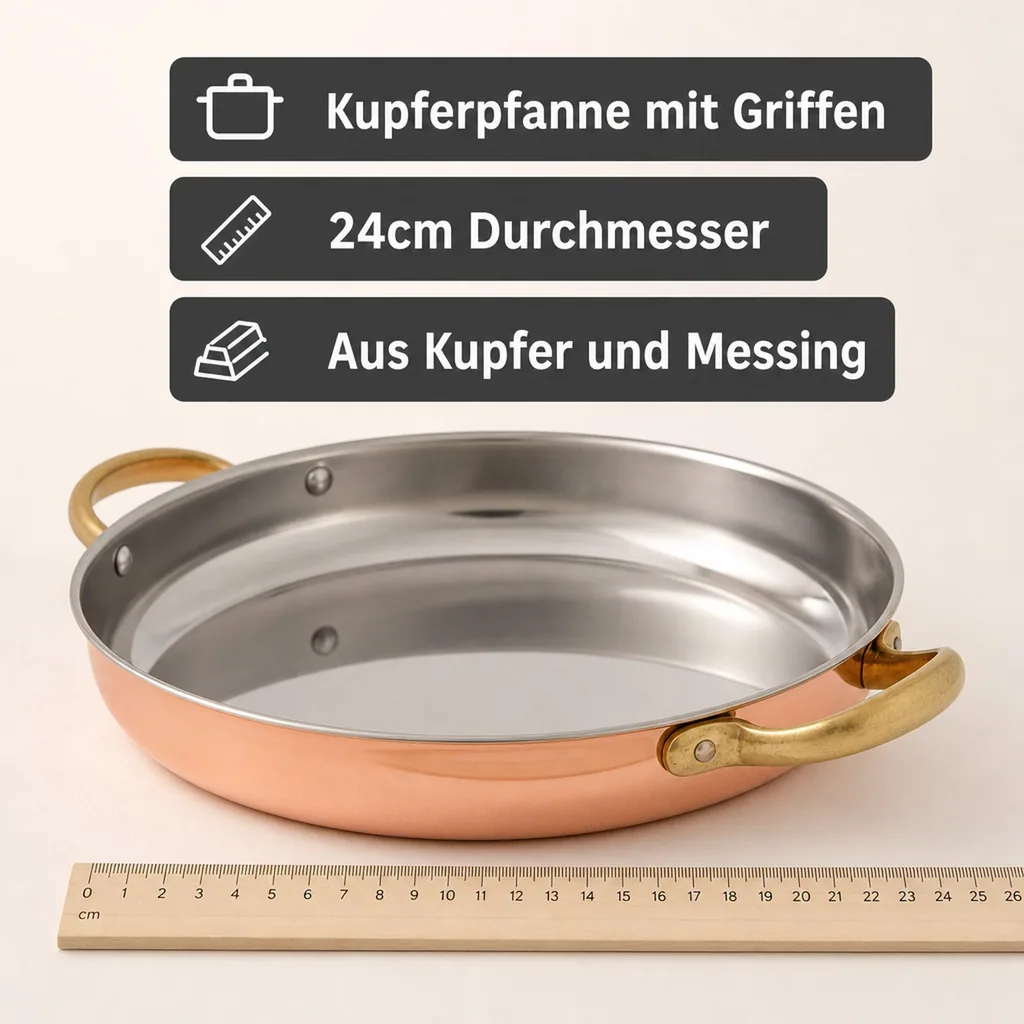 Bratpfanne, Kupferpfanne mit Griffen - aus Kupfer und Messing, 24cm