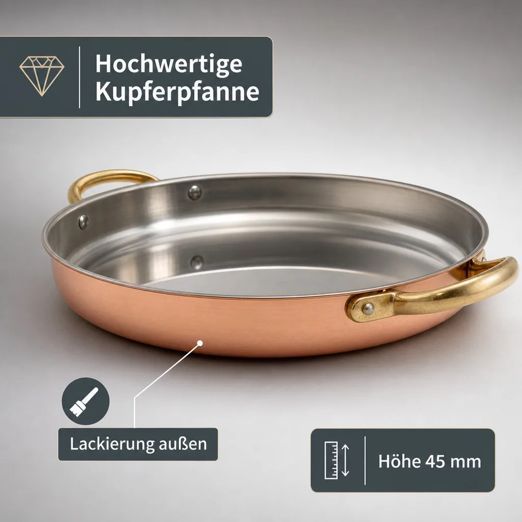 Bratpfanne, Kupferpfanne mit Griffen - aus Kupfer und Messing, 24cm