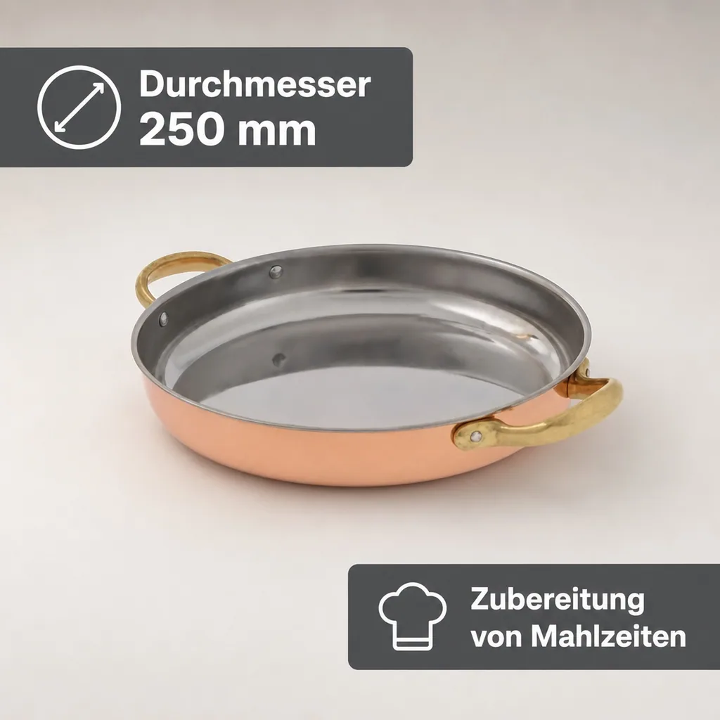 Bratpfanne, Kupferpfanne mit Griffen - aus Kupfer und Messing, 24cm