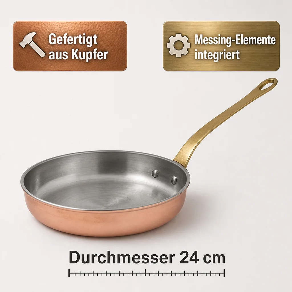 Bratpfanne, Kupferpfanne - aus Kupfer und Messing, 24cm