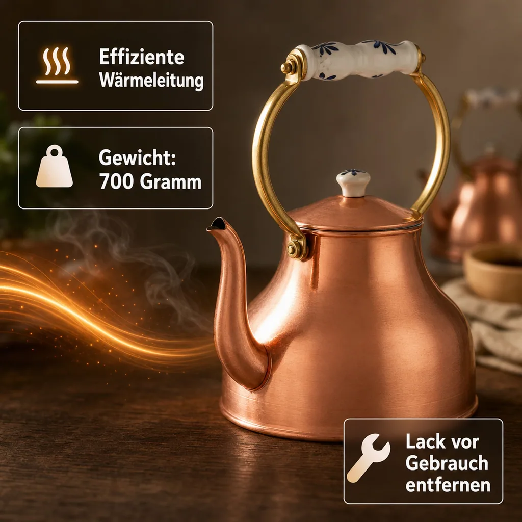 Wasserkessel, Teekessel - aus Kupfer, mit Porzellanhenkel, 1,5L