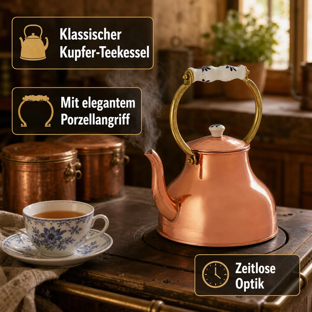 Wasserkessel, Teekessel - aus Kupfer, mit Porzellanhenkel, 1,5L
