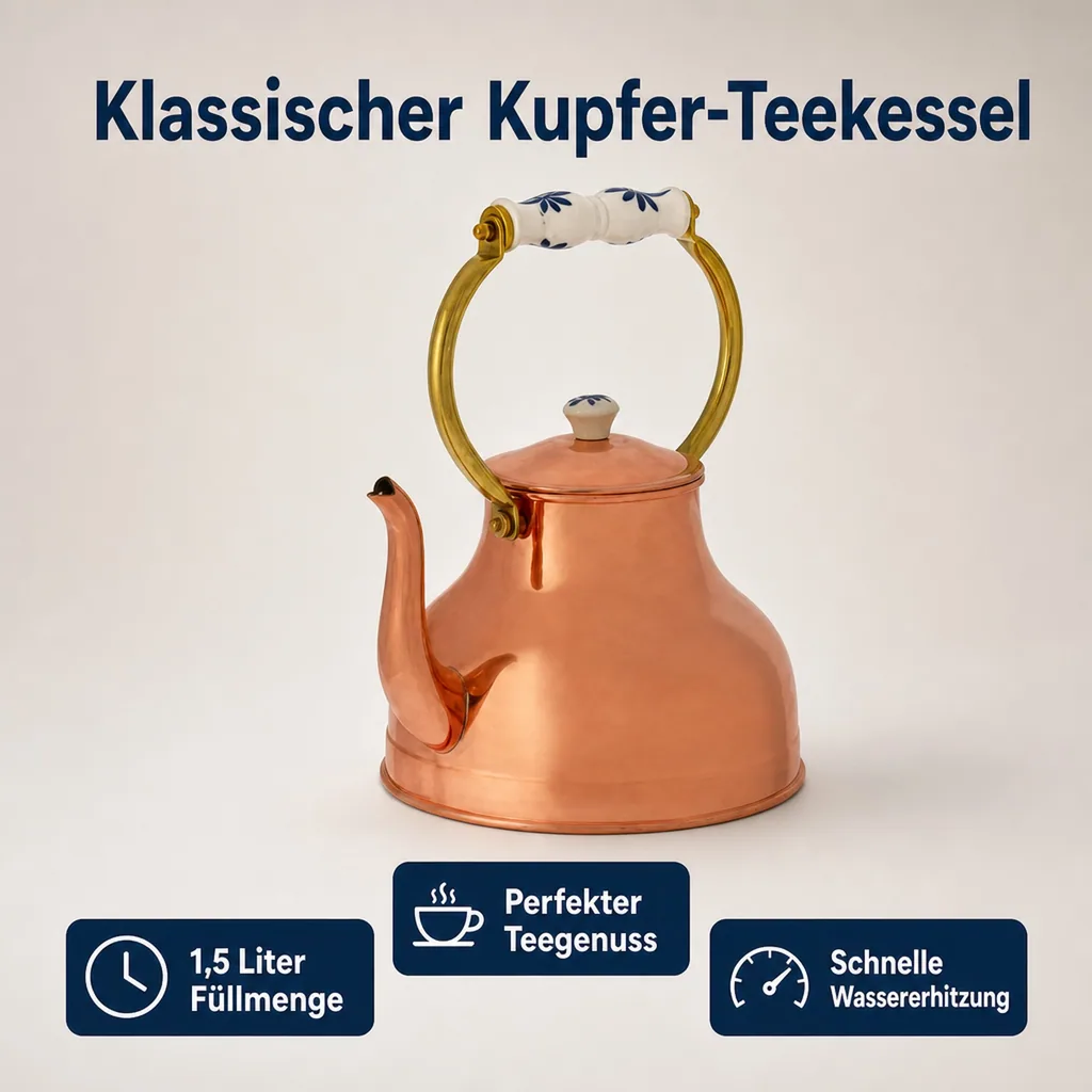Wasserkessel, Teekessel - aus Kupfer, mit Porzellanhenkel, 1,5L