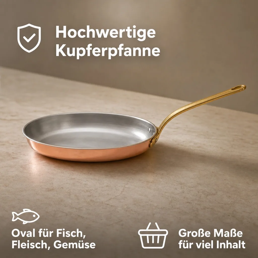 Bratpfanne, Kupferpfanne - aus Kupfer und Messing, Große Ovale