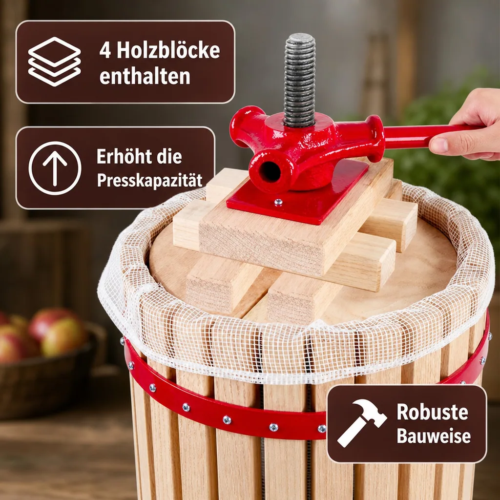 Saftpresse, Obstpresse, Weinpresse, Apfelpresse - Korb aus Holz, 18L
