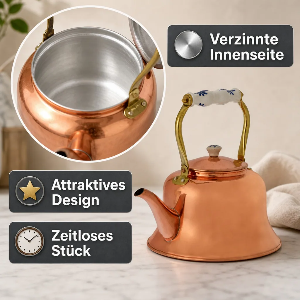 Wasserkessel, Teekessel - aus Kupfer, mit Porzellanhenkel, 1,5L