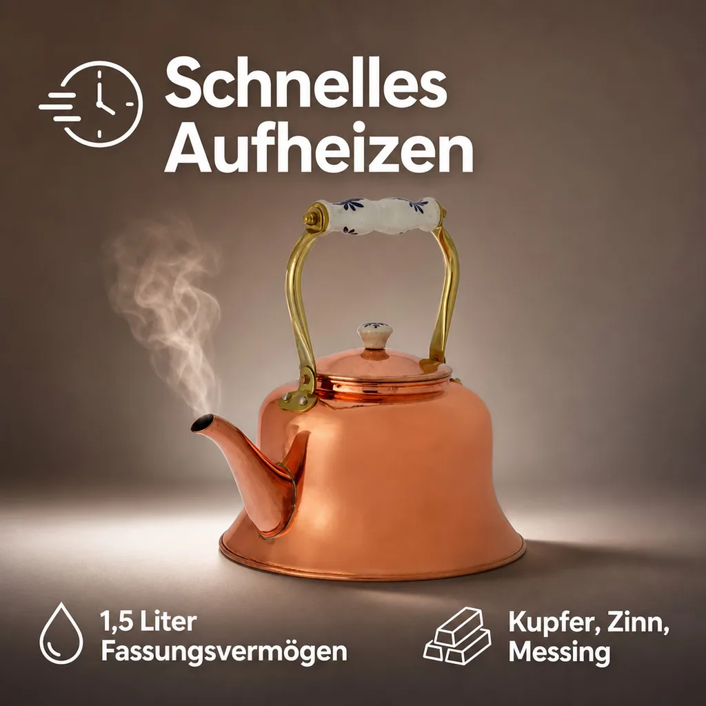 Wasserkessel, Teekessel - aus Kupfer, mit Porzellanhenkel, 1,5L