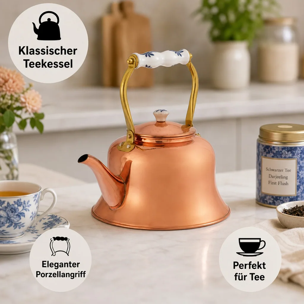 Wasserkessel, Teekessel - aus Kupfer, mit Porzellanhenkel, 1,5L