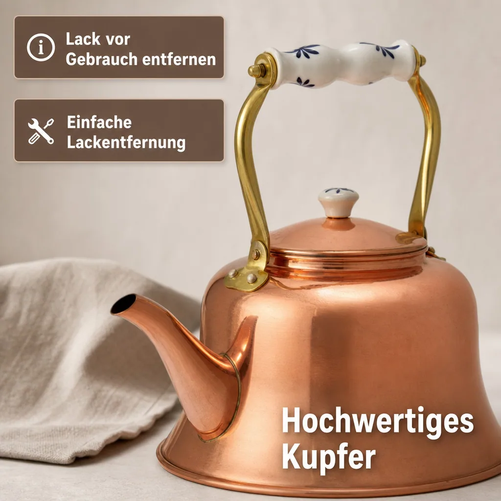 Wasserkessel, Teekessel - aus Kupfer, mit Porzellanhenkel, 1,5L