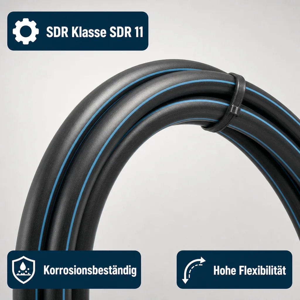 Wasserrohr, Druckrohr PE80 - 25 mm x 2,3 mm, Glatt SDR 11, 12,5bar, Schwarz/Blau 1m, DVGW type D=0,60m