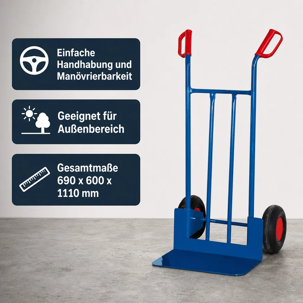Sackkarre, Stahlrohr Sackkarre 250 kg, mit Luftbereifung & großer Schaufel