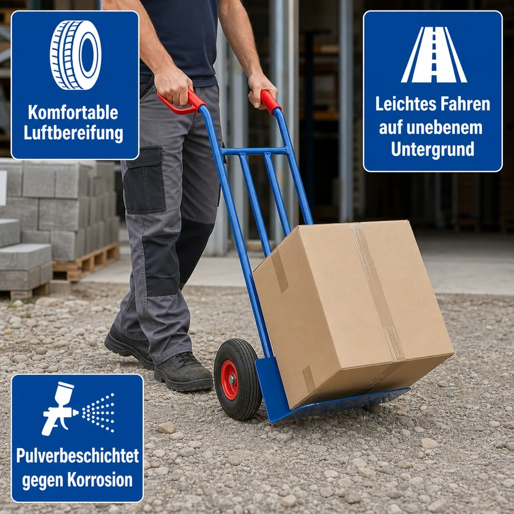 Sackkarre, Stahlrohr Sackkarre 250 kg, mit Luftbereifung & großer Schaufel