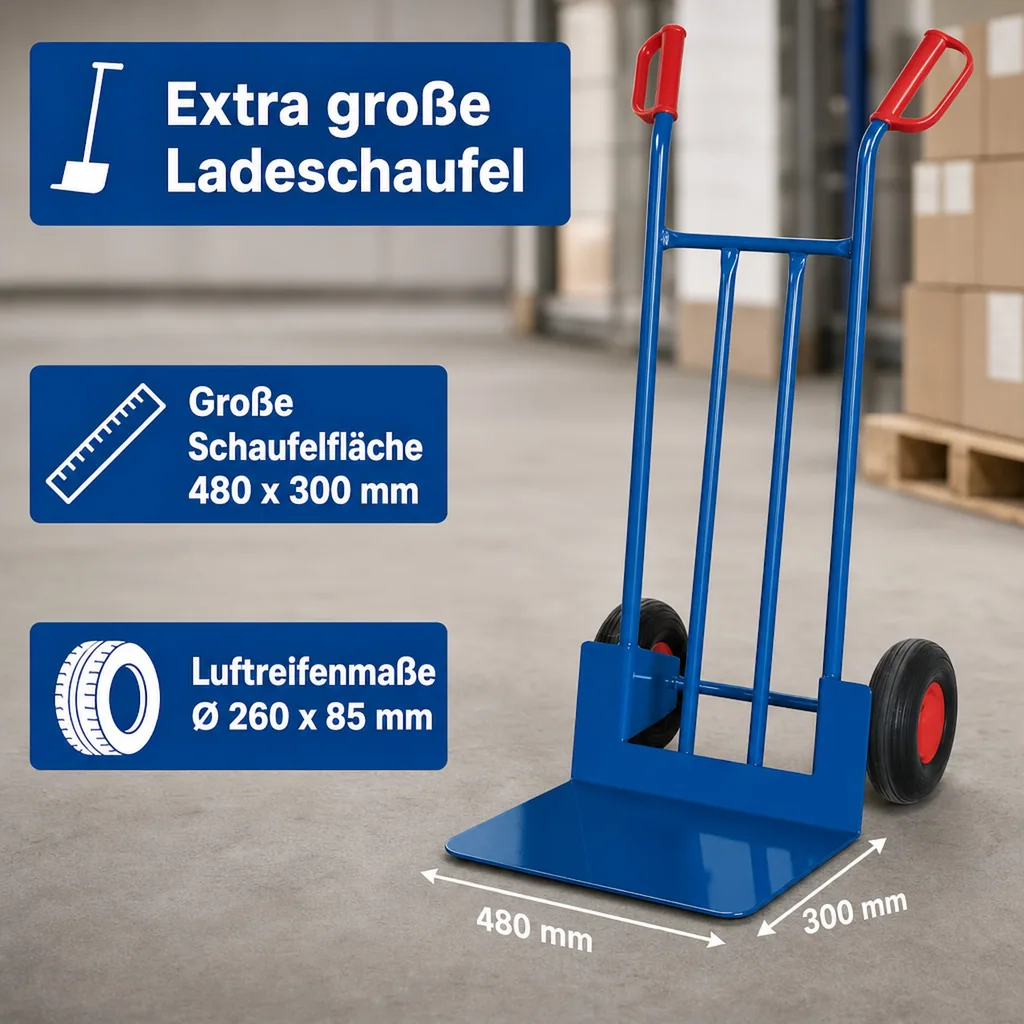 Sackkarre, Stahlrohr Sackkarre 250 kg, mit Luftbereifung & großer Schaufel