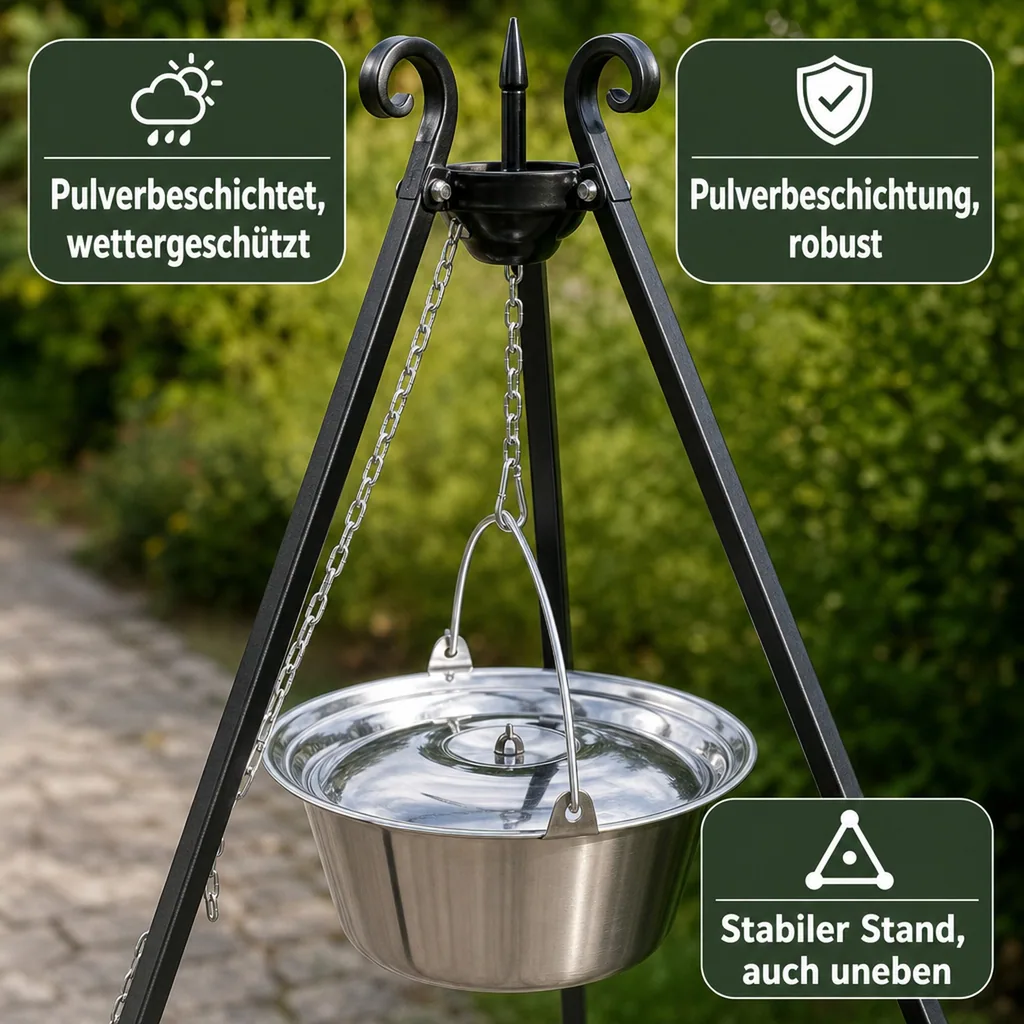 Dreibein Grill mit Edelstahltopf 14l, 180 cm, Outdoor Kochset