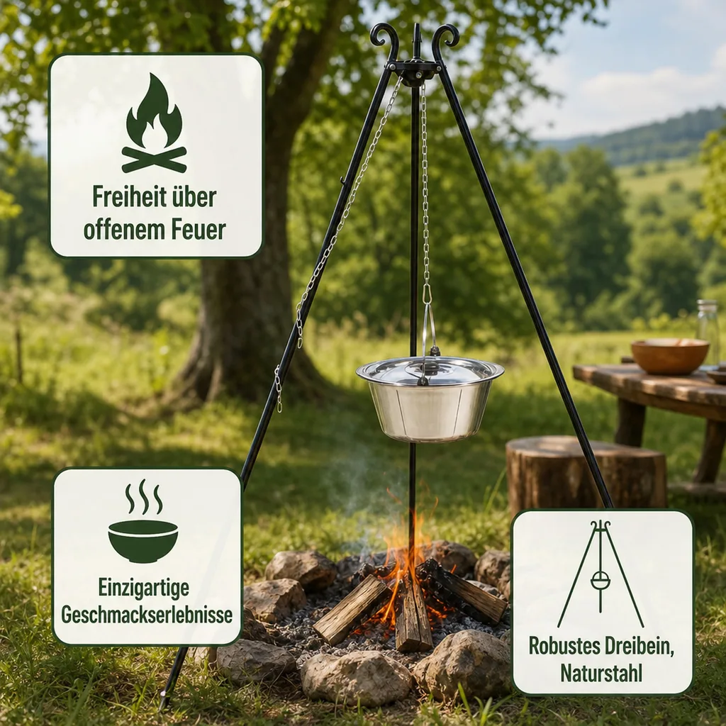 Dreibein Grill mit Edelstahltopf 14l, 180 cm, Outdoor Kochset